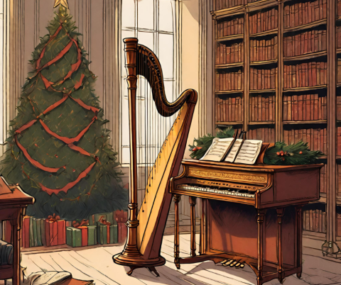 AI illustration of a harp and harpsichord in a library with a Christmas tree.