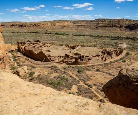 Cliff view of Pueblo Bonito at Chaco Culture National Historic Park, Chaco Canyon New Mexico