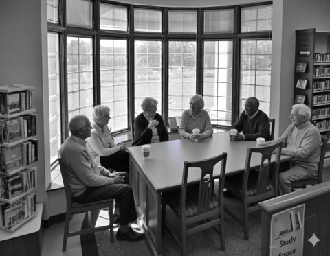 Black and white photo of an ethnically diverse group of senior men and women sitting around a table drinking coffee from travel style paper cups and chatting around a table at the Stewartsville library.