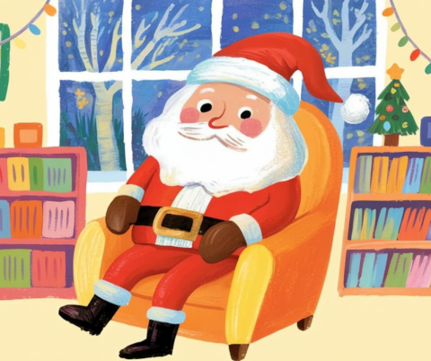 AI illustration of Santa sitting in a chair in a library.