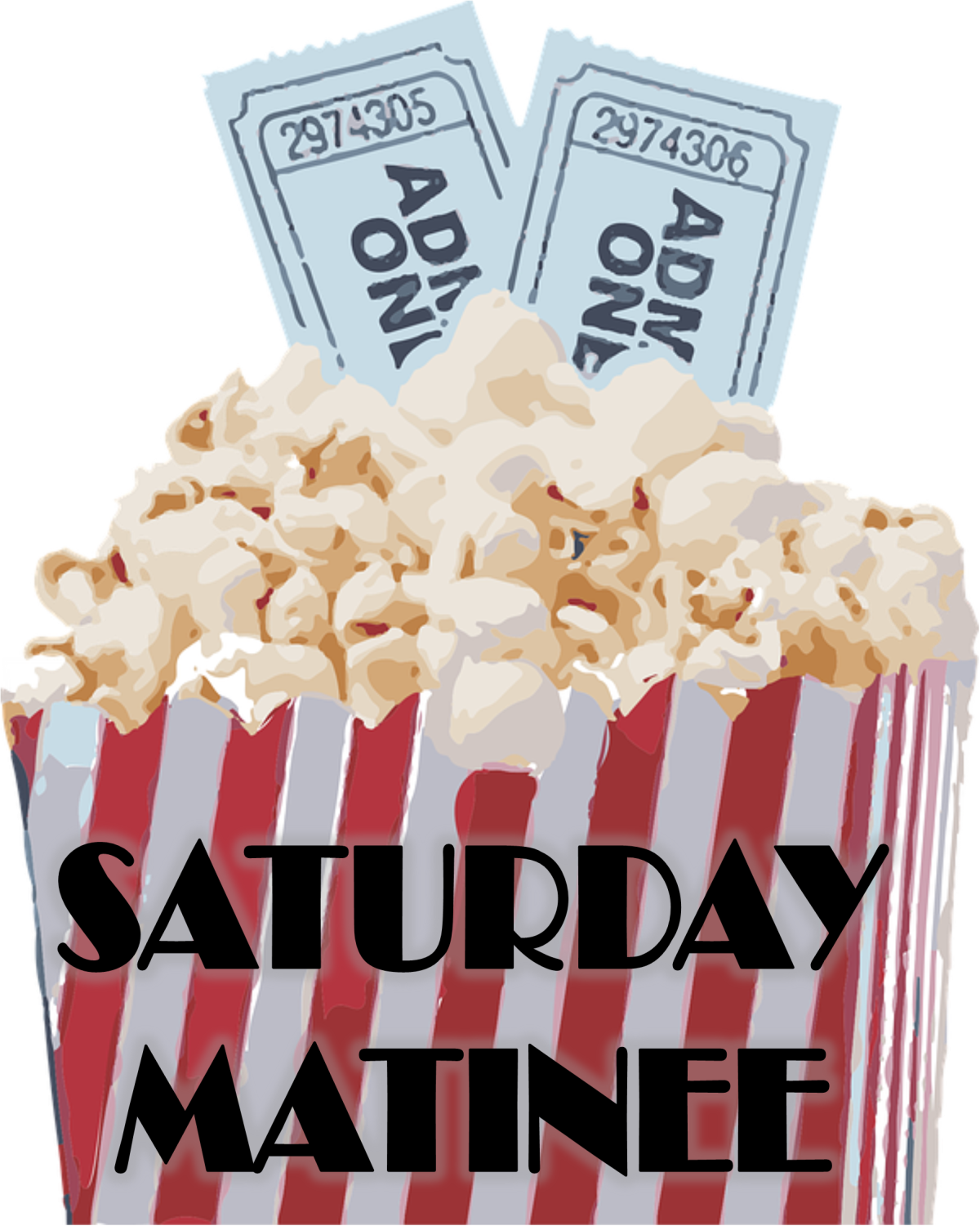 Top of a popcorn box with two tickets sticking up out of the popcorn and the words Saturday Matinee on the box.