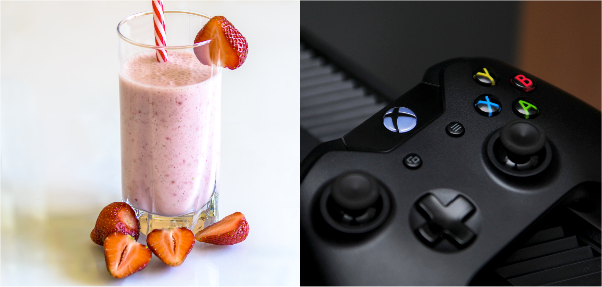 Side by side images of a strawberry smoothie and a x-box controller.