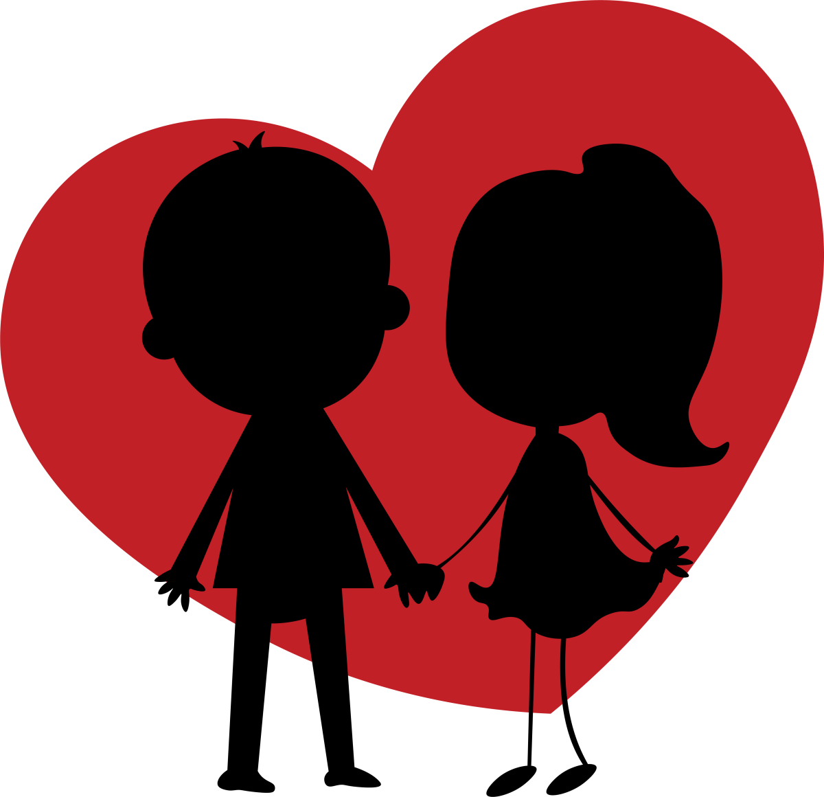 Illustration of a red heart with the silhouette of a boy and girl holding hands in front.