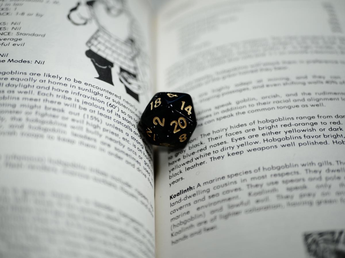 D&D Dice in the middle of a manual.