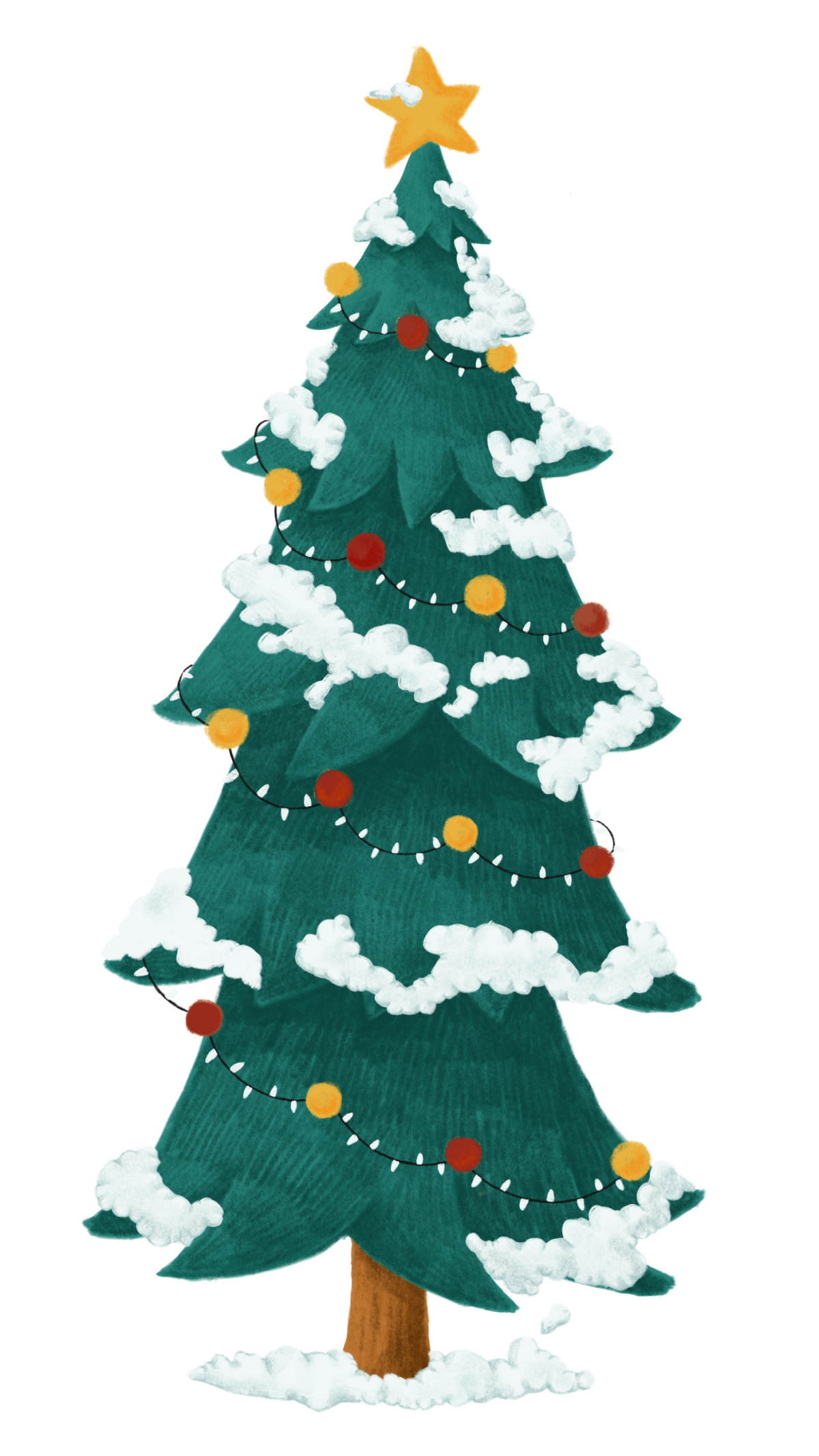 Illustration of a Christmas tree covered in lights and snow.