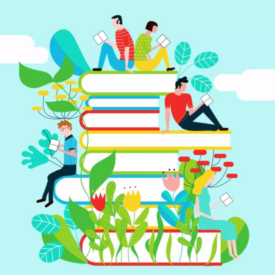 Illustration of a stack of books with flowers growing through them and people sitting on the books.