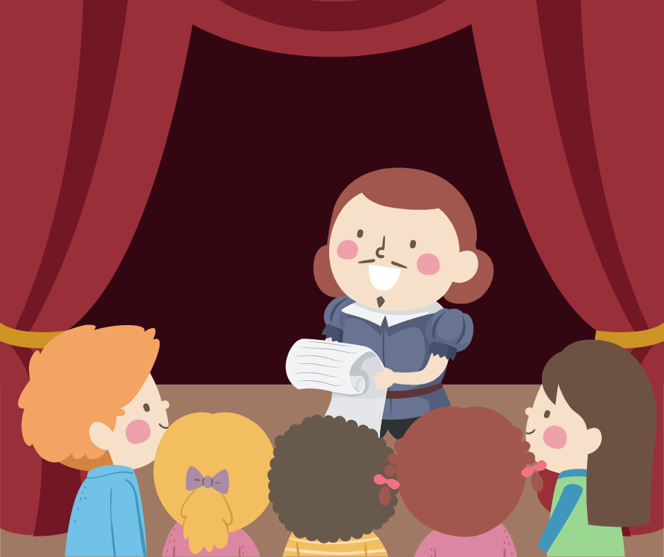 An illustration of an actor dressed as Shakespeare talking to children on a stage