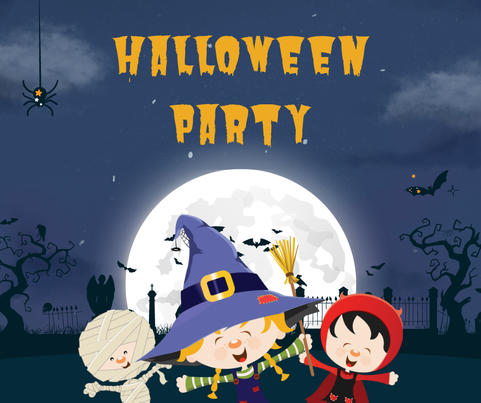 Illustration of three children dressed in Halloween costumes with a full moon in the background