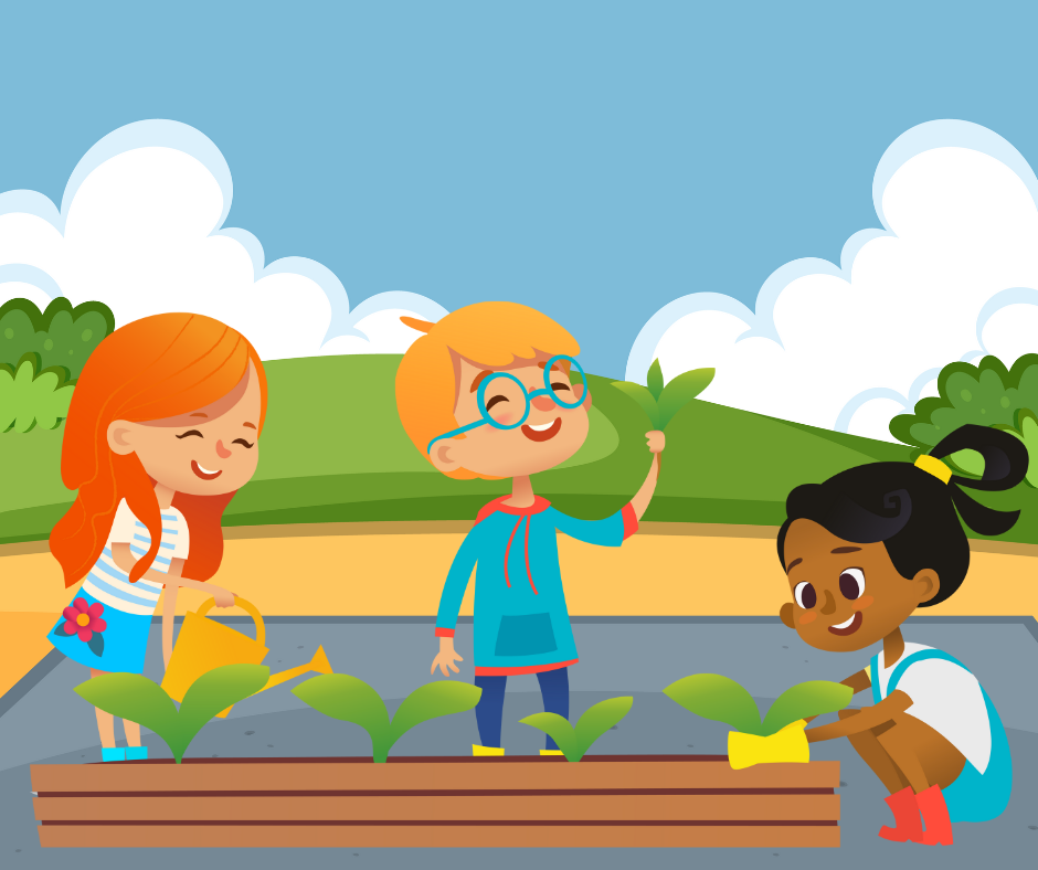 Illustration of 3 children tending seedlings in a raised bed.