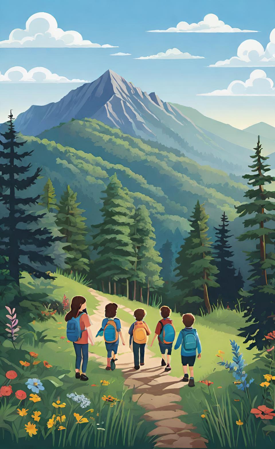 AI illustration of children on a nature walk.