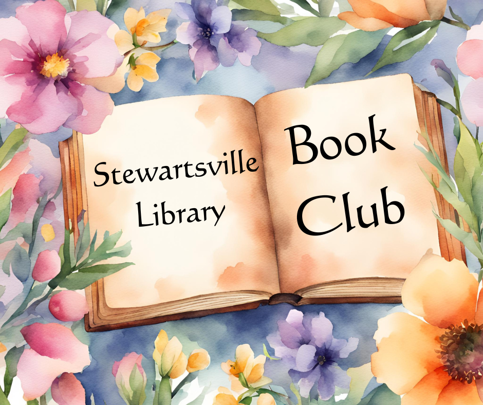 Watercolor AI image of a book with the words "Stewartsville Library Book Club" written on the pages and pretty flowers.