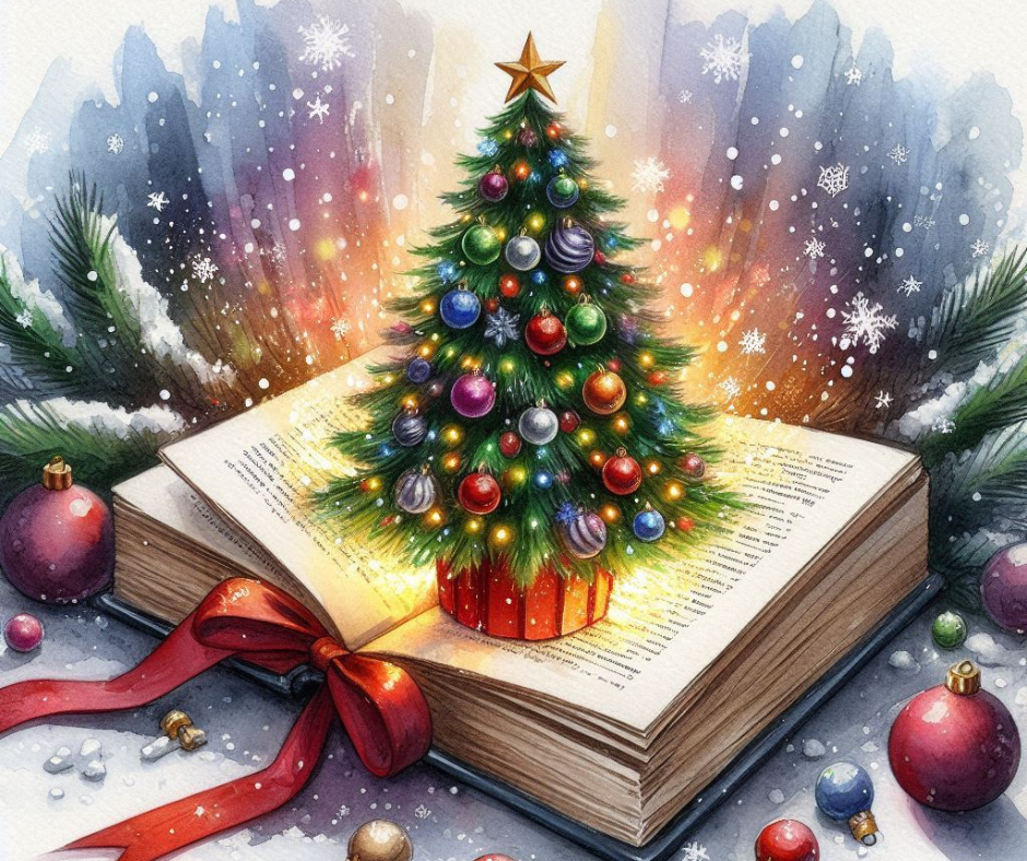 AI watercolor image of a Christmas Tree popping out of a book.
