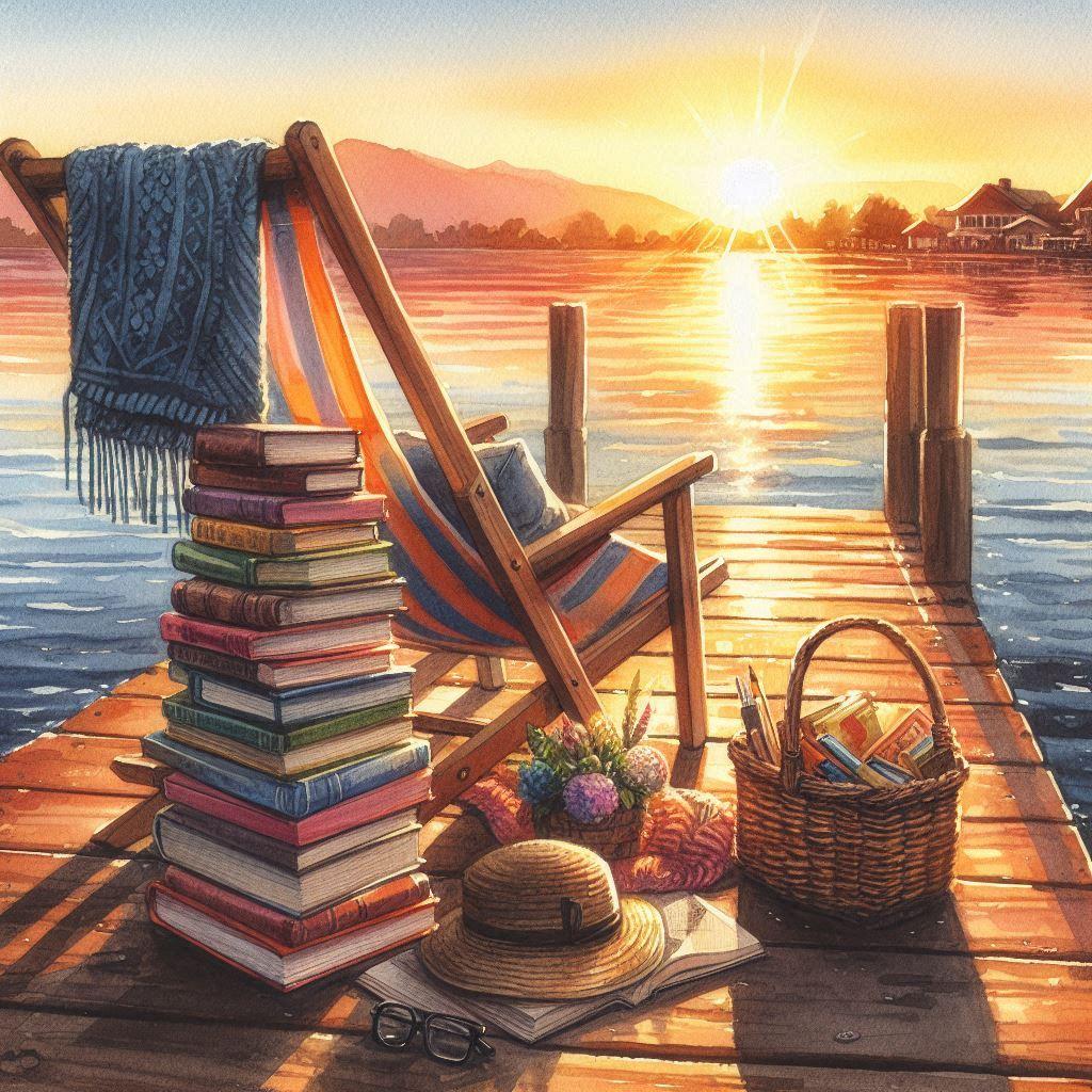 Ai image of books on a pier at sunrise near a lake