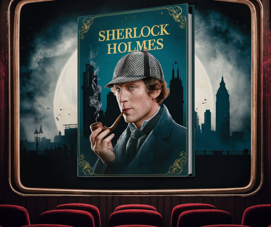 Sherlock Holmes book on a big movie screen.