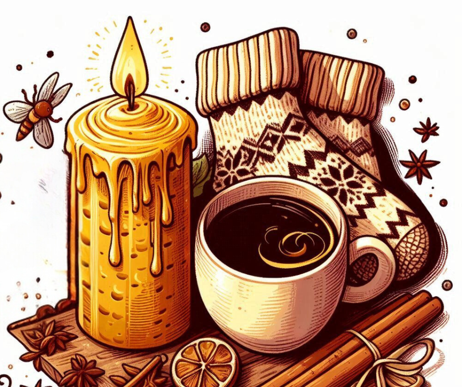 AI generated illustration of a lit beeswax candle, a mug of cocoa, wool socks and a bee