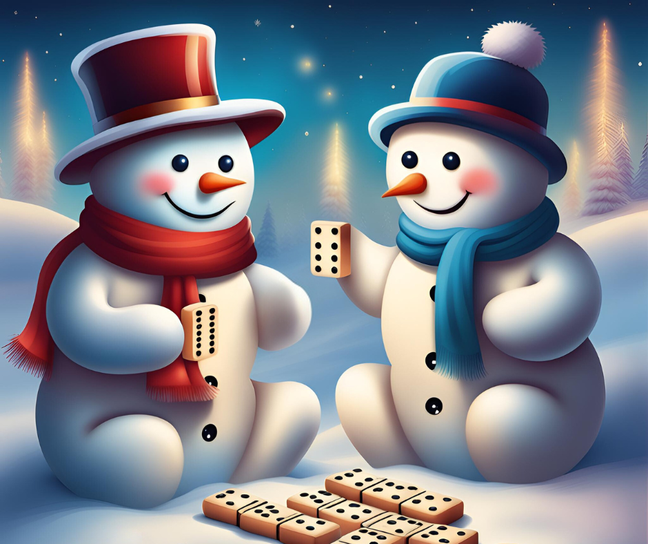 Illustration of two snowmen plying dominoes.