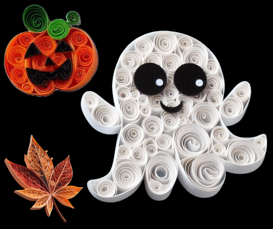 Paper quilled ghost, jack-o-lantern, and leaf.