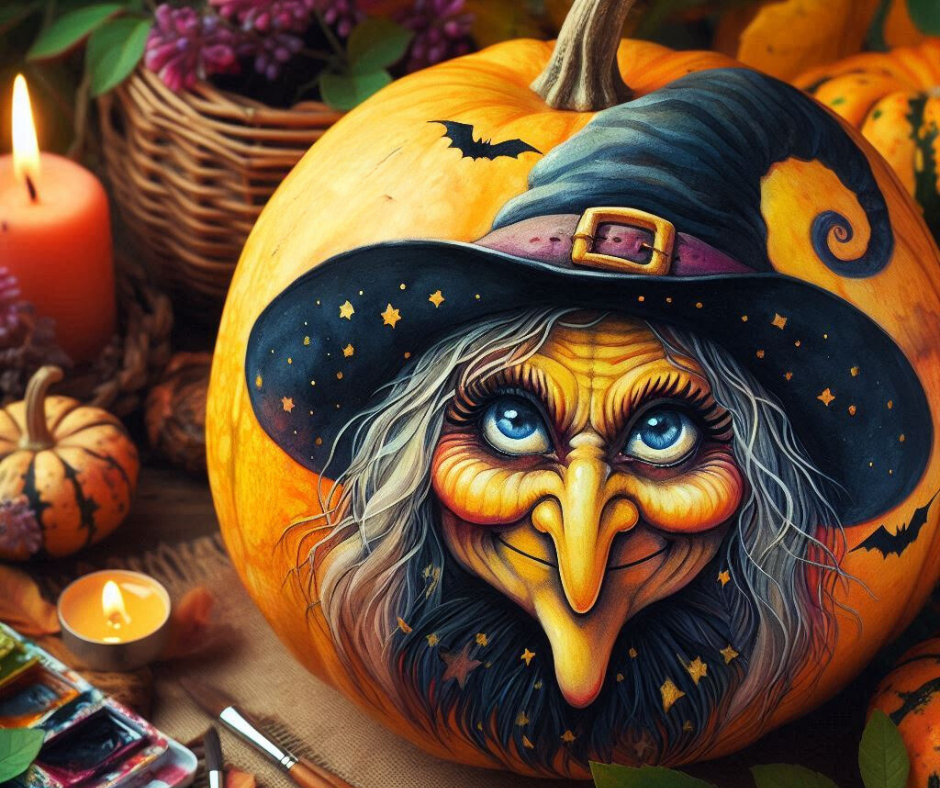 Witches face painted on a pumpkin