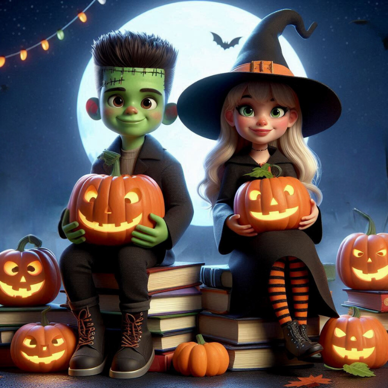 A boy dressed as Frankenstein and a girl dressed as a Witch holding pumpkins while sitting on books AI Image.