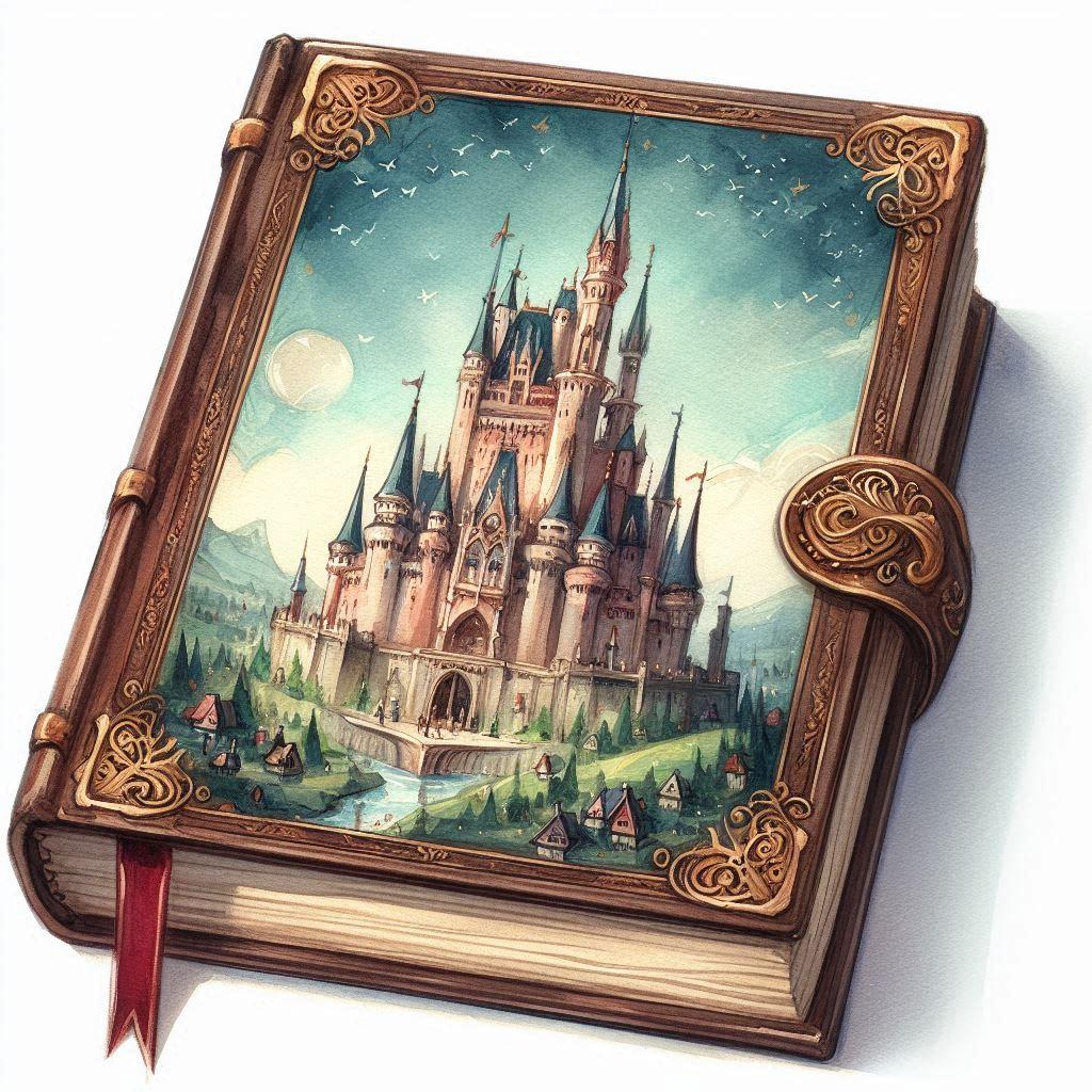 AI generated Watercolor book with a fairytale castle on the cover.