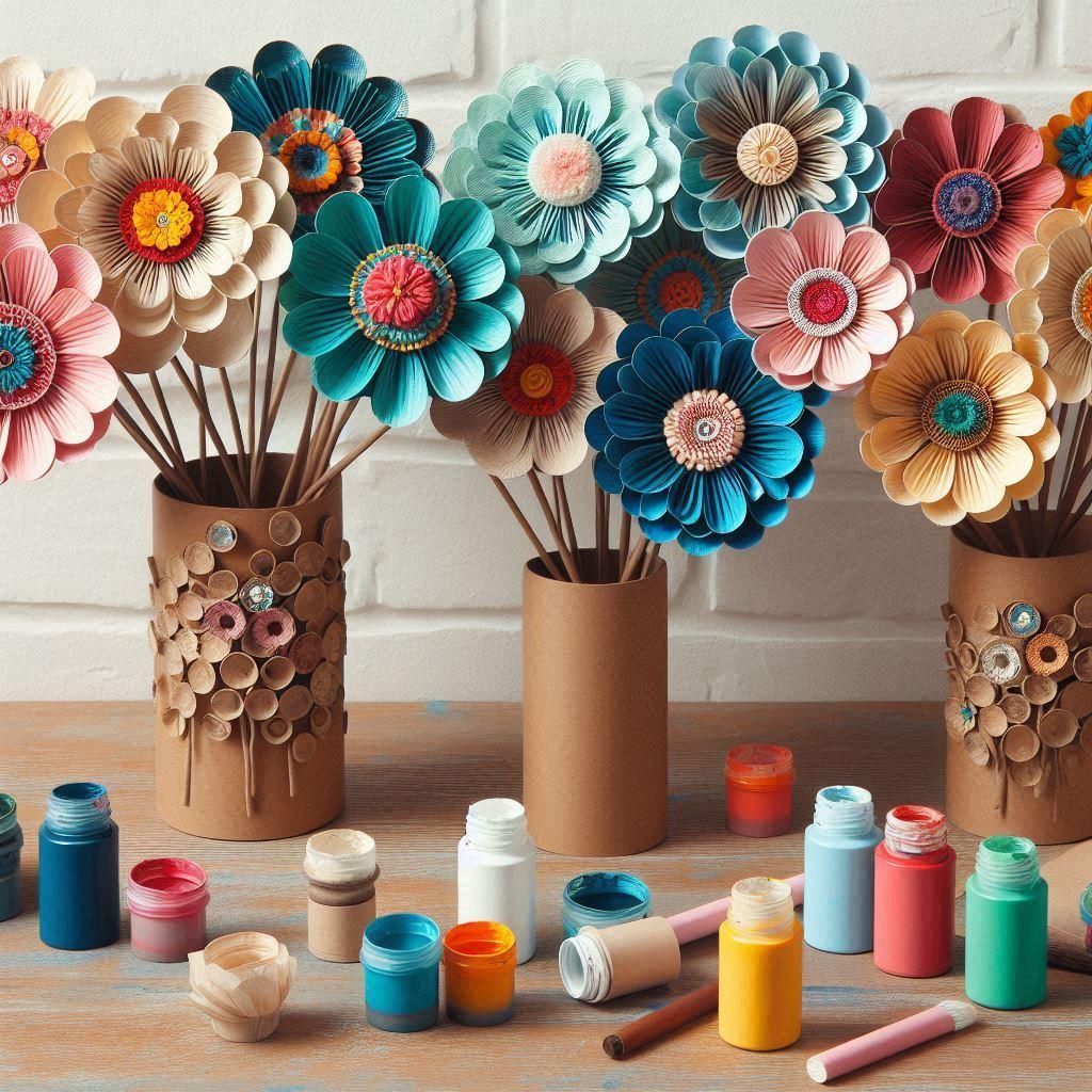 Flowers made out of Cardboard paper towel rolls and paint