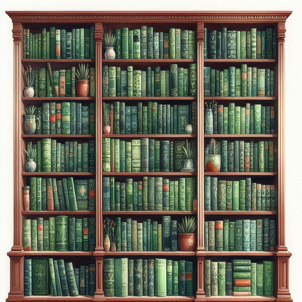 AI watercolor image of a bookcase filled with green books.