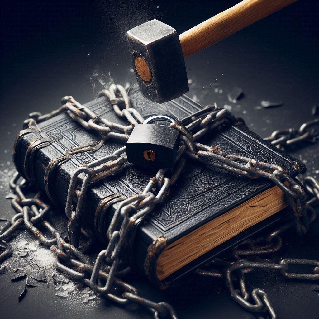 AI generated photo of Black Book wrapped in chains with a padlock being hit with sledgehammer