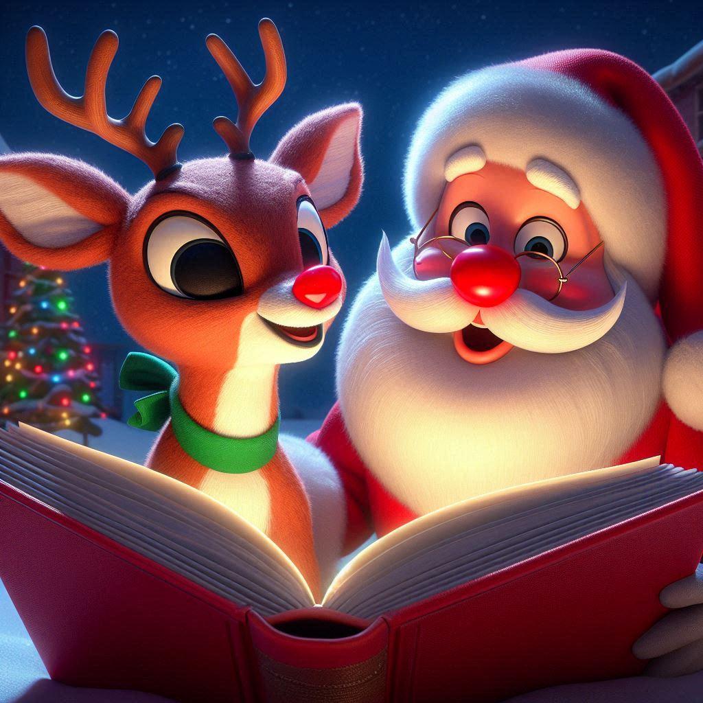 Rudolph and Santa reading a book AI illustration