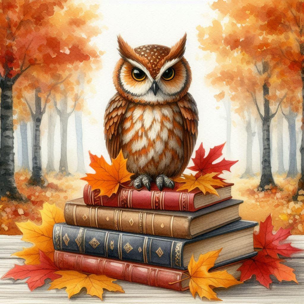 AI Watercolor image of an owl sitting on a stack of books surrounded by fall leaves and Trees