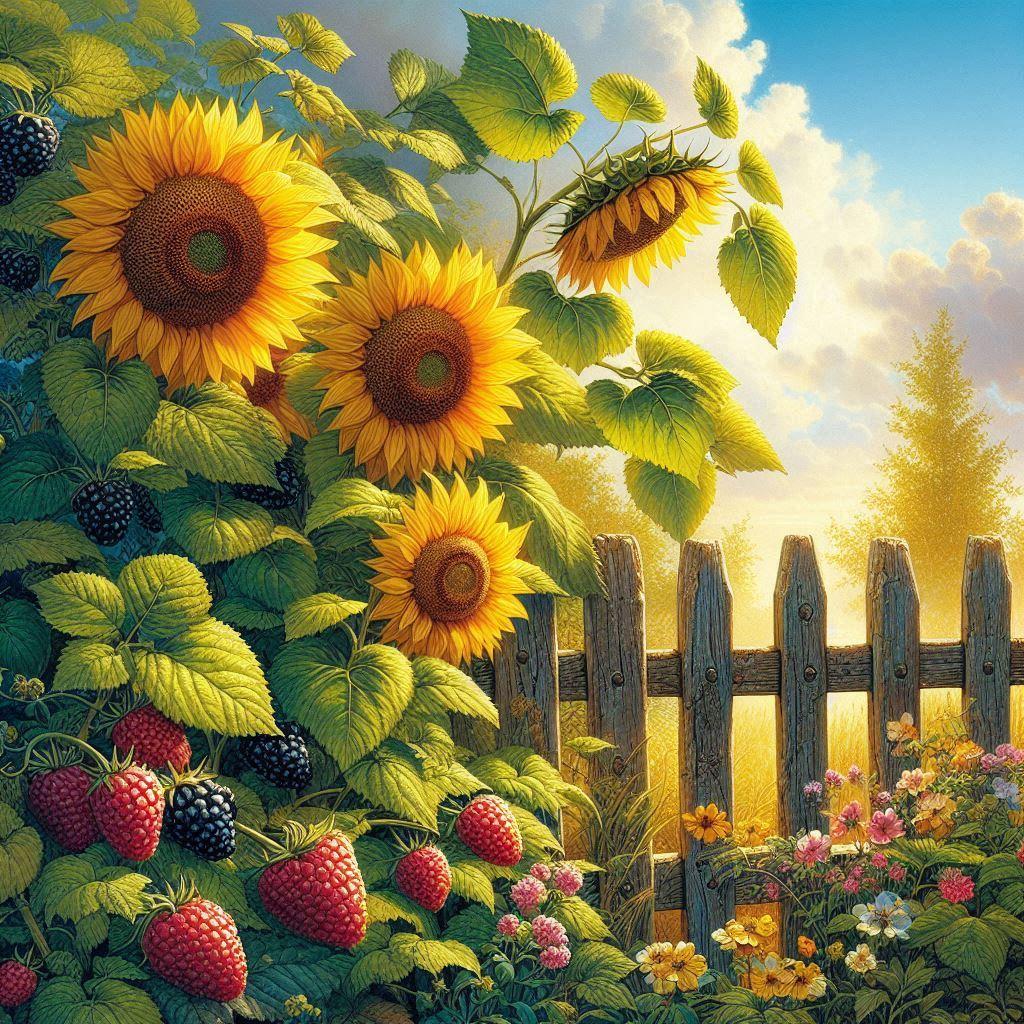 Sunflowers and blackberries along a fence AI illustration