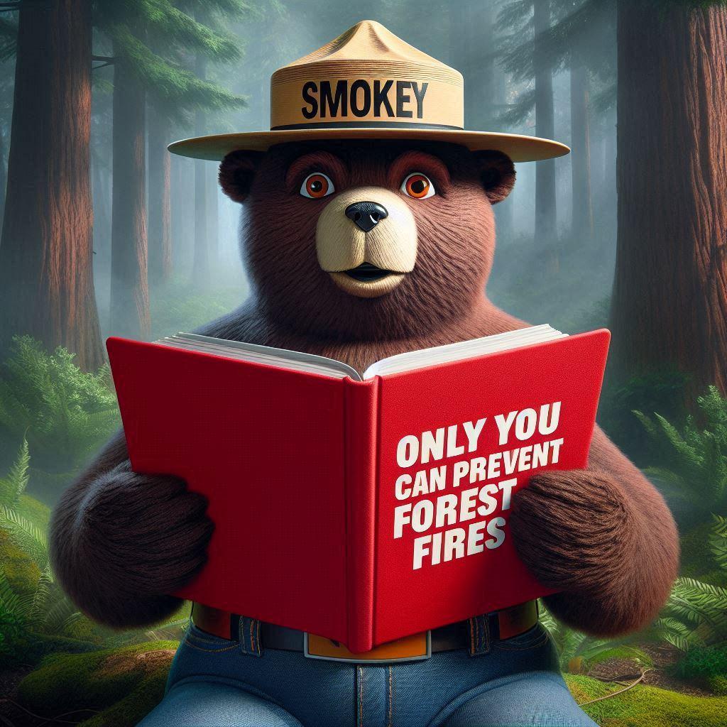 AI generated Smokey the Bear in the woods reading a red book that says Only You Can Prevent Forest Fires on the cover