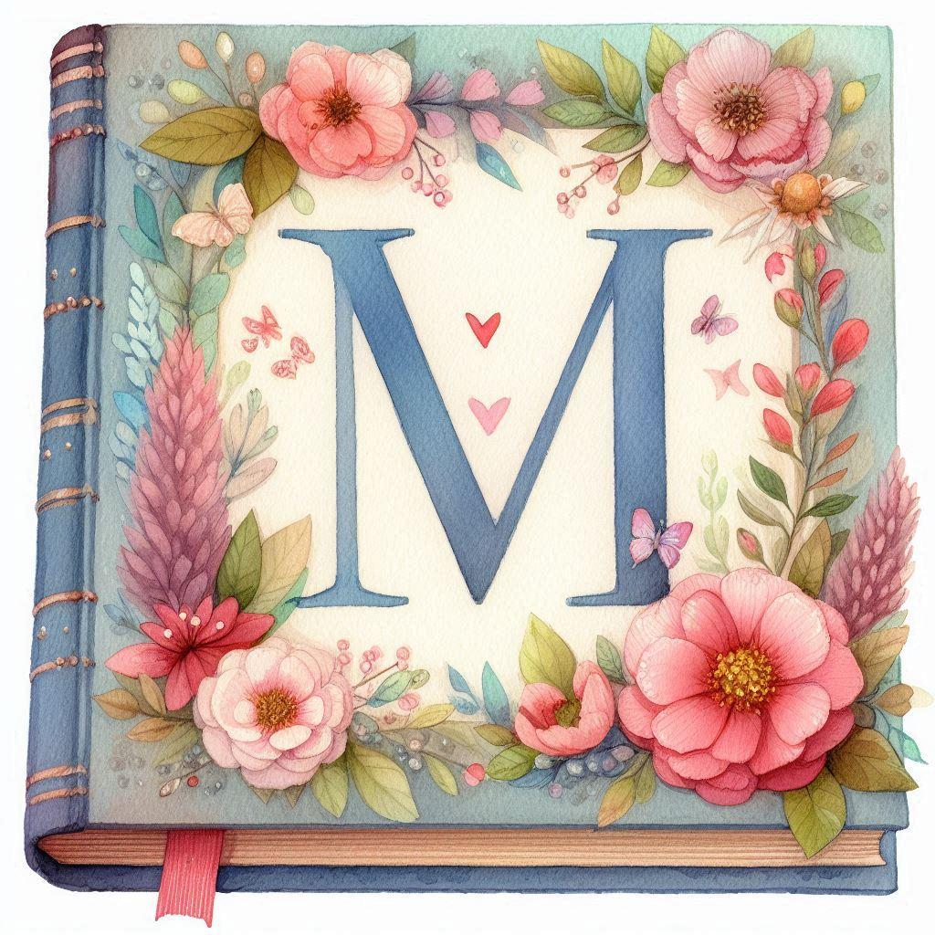 AI watercolor image of a book with the letter M and flowers on the cover