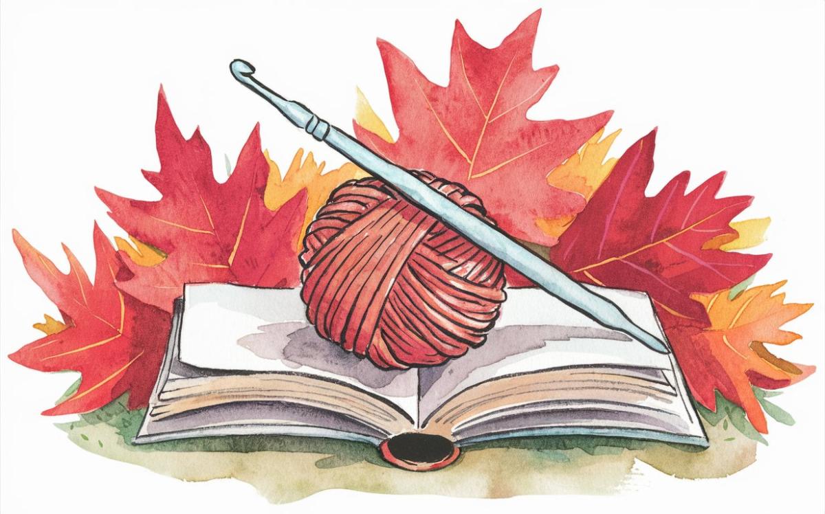 AI generated watercolor painting of a book with a crochet hook and yarn inside and Fall leaves