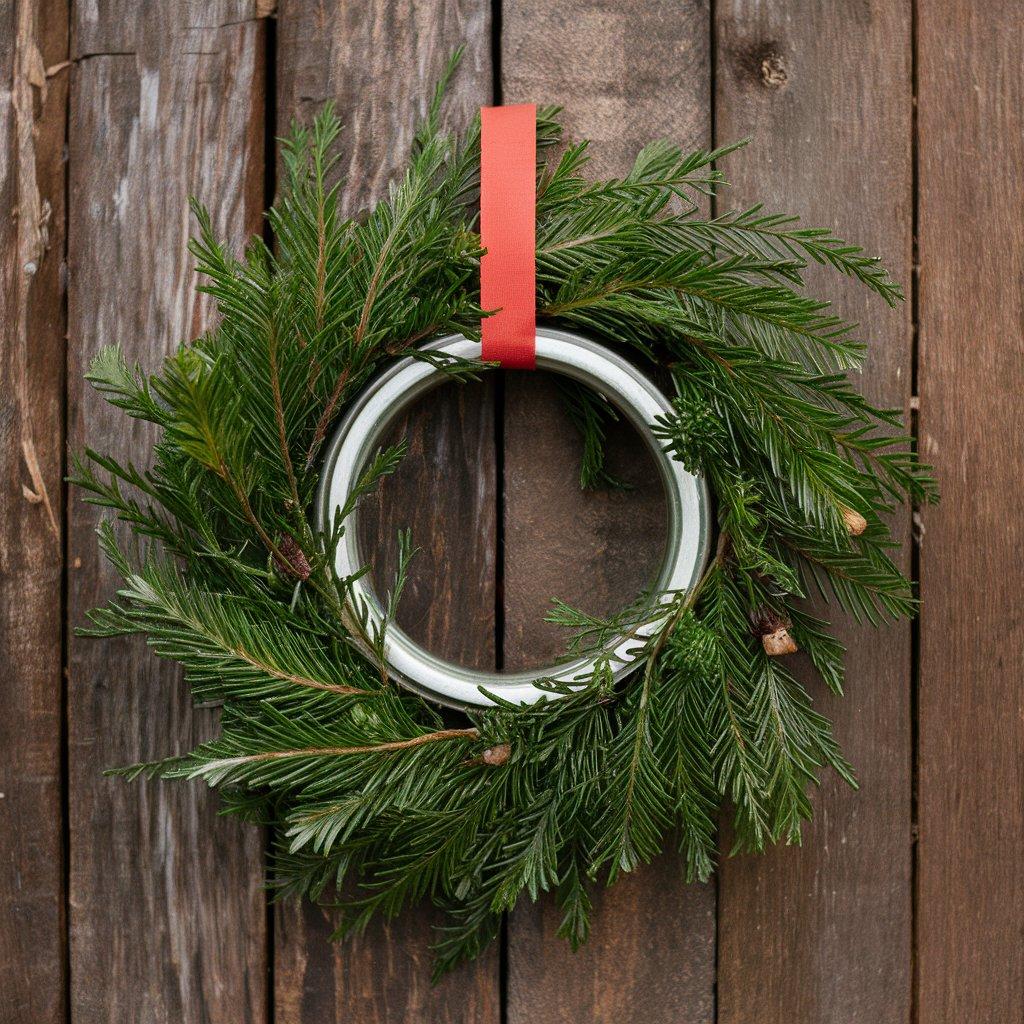 ini wreath made out of a Mason jar ring and evergreen cuttings AI image