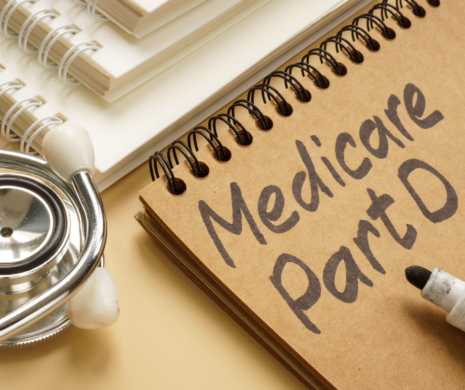 Brown notebook with Medicare Part D written in marker and a stethoscope and white notebooks