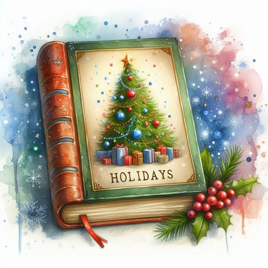 AI generated Watercolor Painting of a book with a Christmas Tree on the cover and the word Holidays.