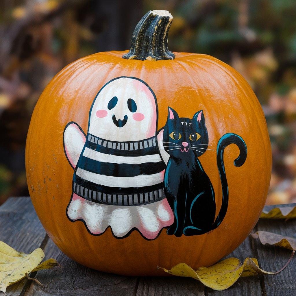 Painted pumpkin with Ghost and a Black Cat