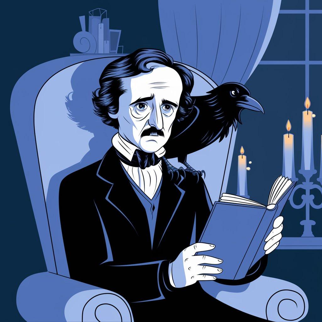 AI Illustration of Edgar Allen Poe reading a mystery novel with a Raven on his shoulder