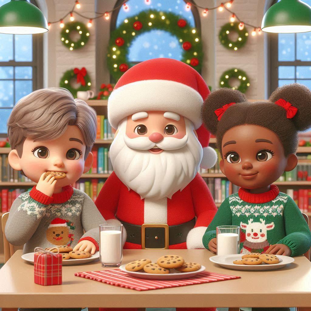 3d illustration of a young caucasian boy and a African American girl wearing Christmas sweaters sitting at a table in a cute public library with Santa Claus. The room is decorated with Christmas lights and ornaments. The children are eating cookies and drinking milk with Santa Claus.  AI generated