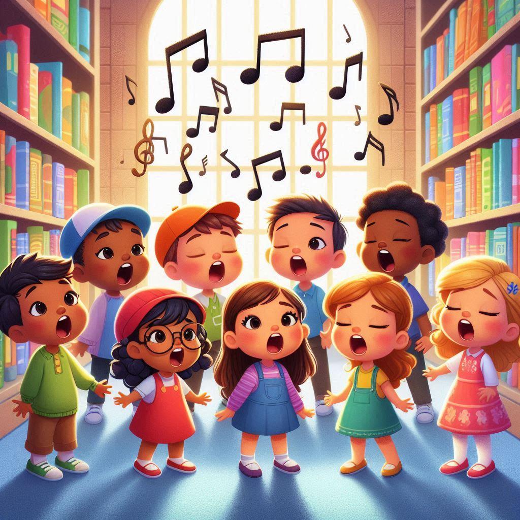 AI illustration of a group of preschoolers singing in a library.