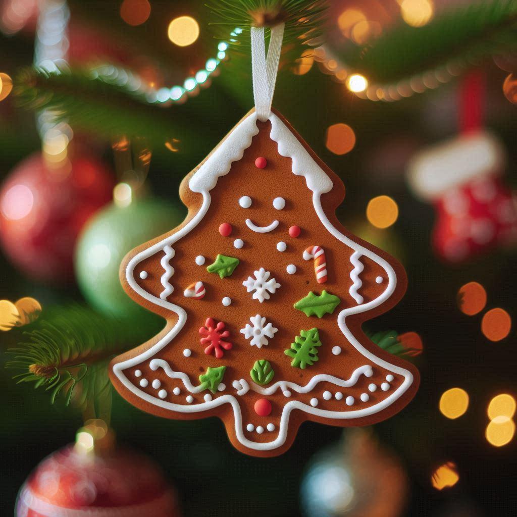 AI gingerbread tree ornament hangs from a Christmas tree.