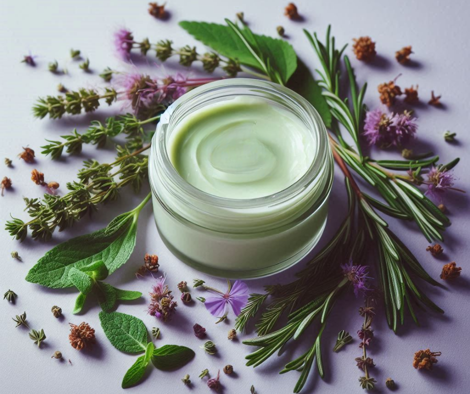 Herbal salve in a small clear jar with fresh herbs around it on a light purple background.  