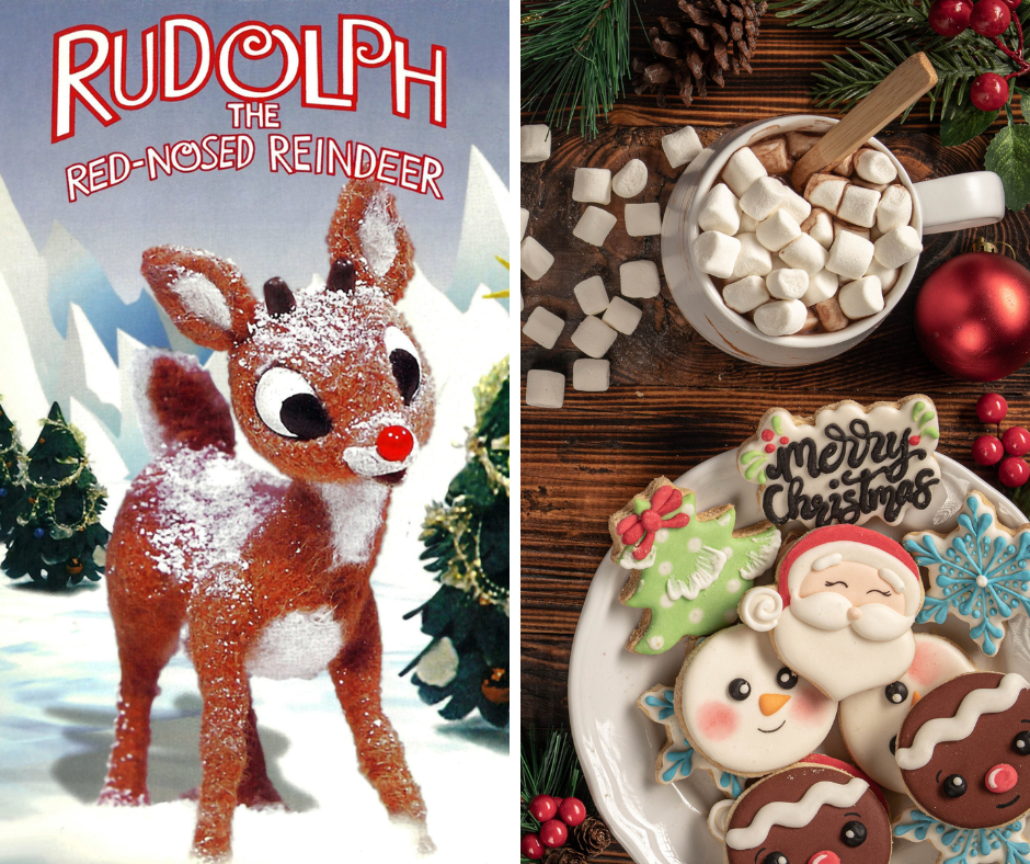 Split image - Rudolph DVD and photo of Hot Chocolate and Christmas cookies.