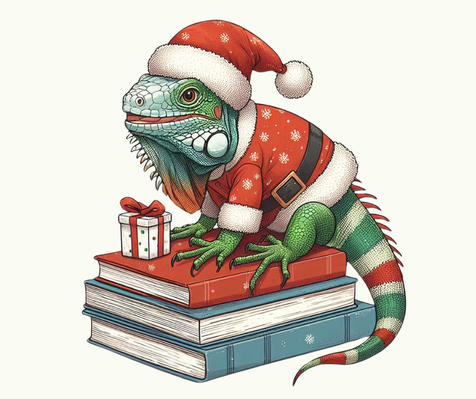 AI illustration of an iguana dressed as Santa.