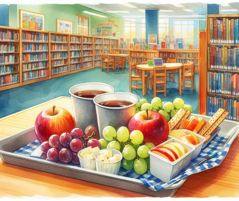 Watercolor painting of snacks and drinks on a table in a library