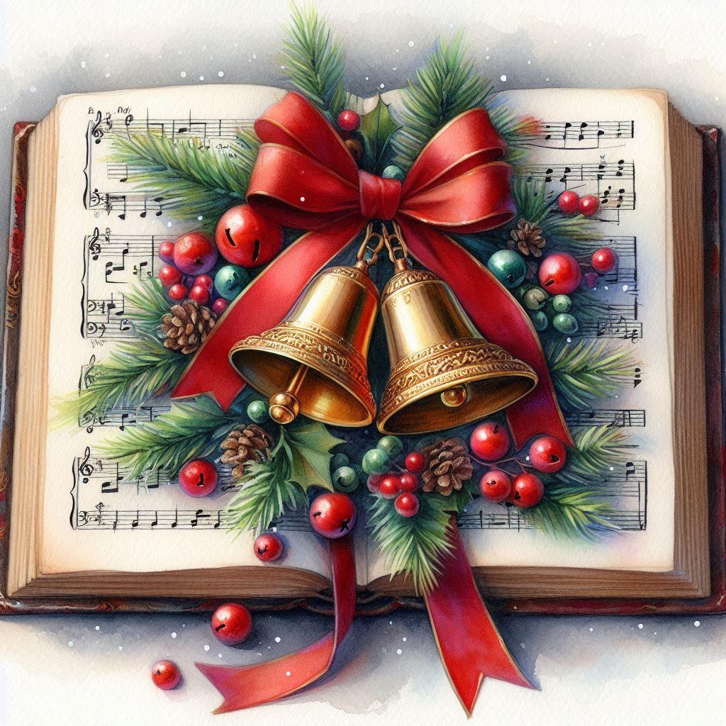 Watercolor painting of Christmas Bells in a music book