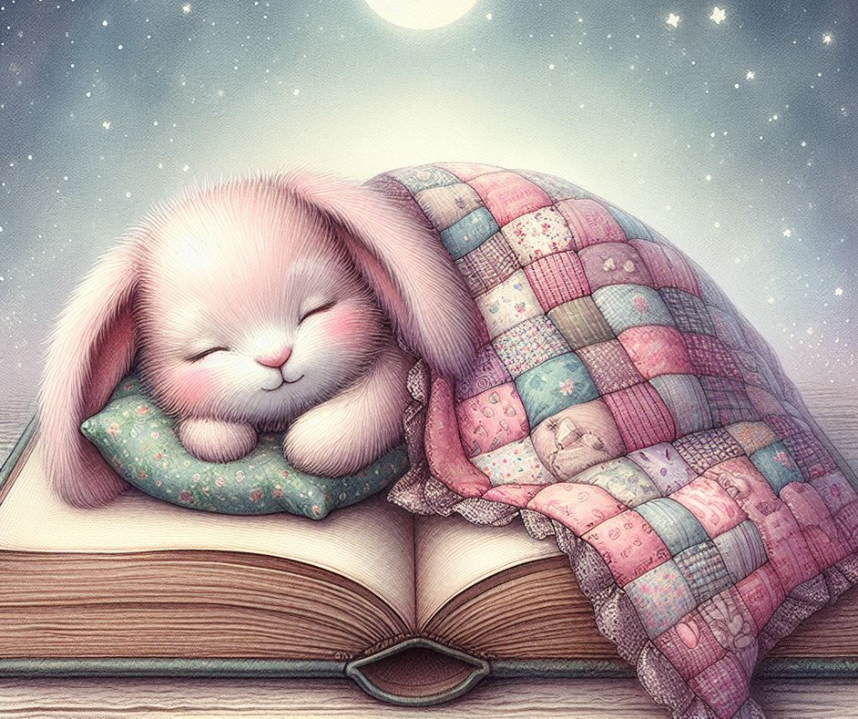 AI generated illustration of a pink bunny sleeping under a patchwork quilt inside a book.