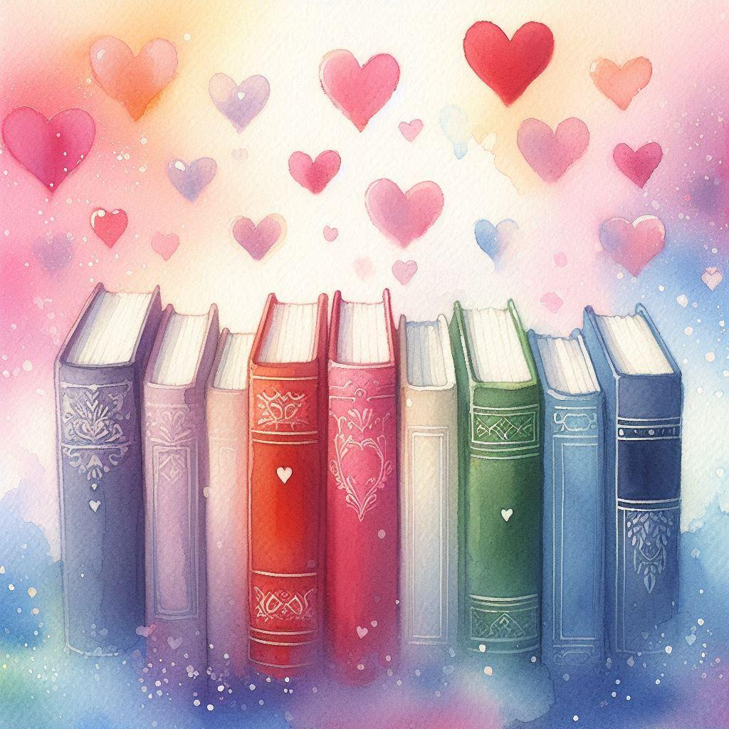 AI watercolor painting of books and hearts.