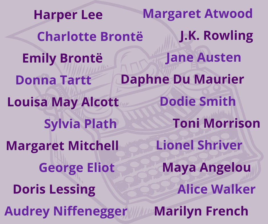 Names of important female writers overlaid on a purple background with a typewriter.