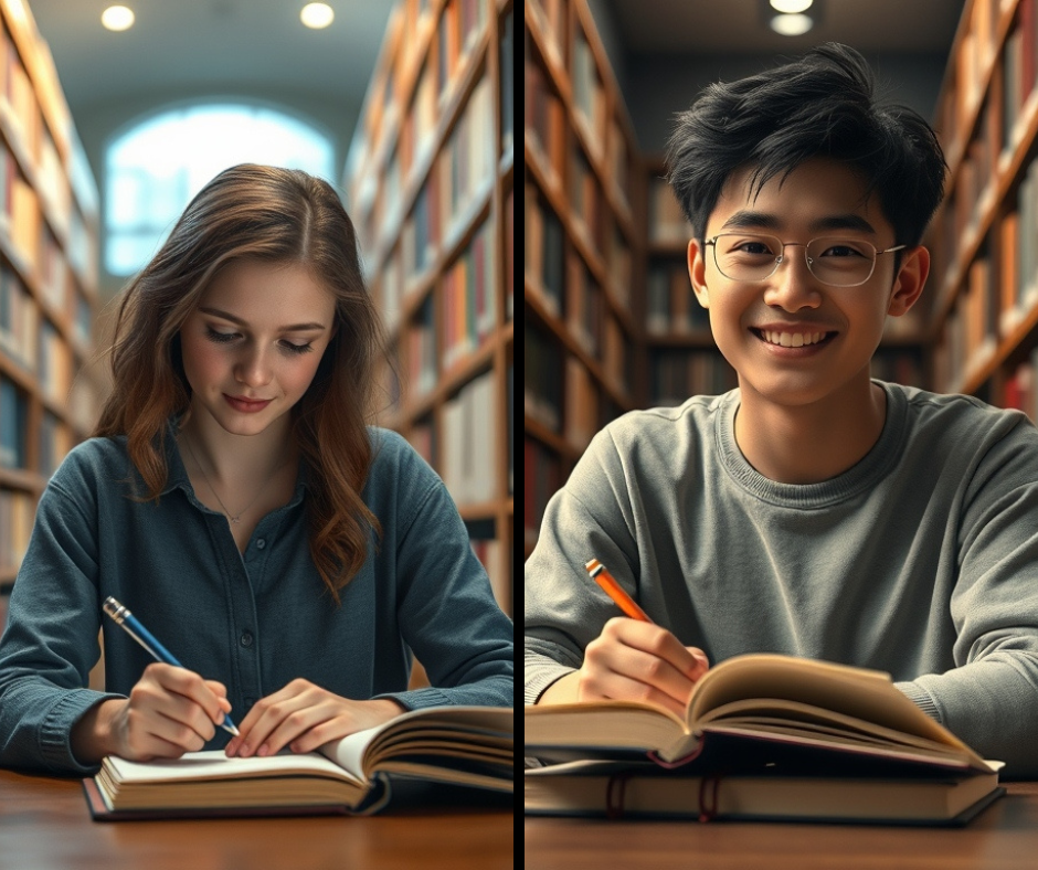 Side by side images of teenagers writing in journals in a library - AI generated.